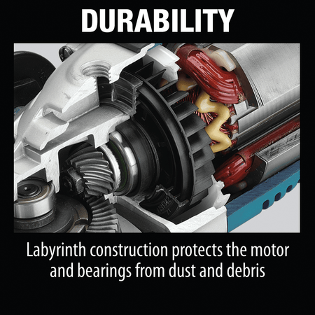 Durability diagram showing a gear housing cutaway with labyrinth seals that protect internal bearings and motor windings from abrasive dust.