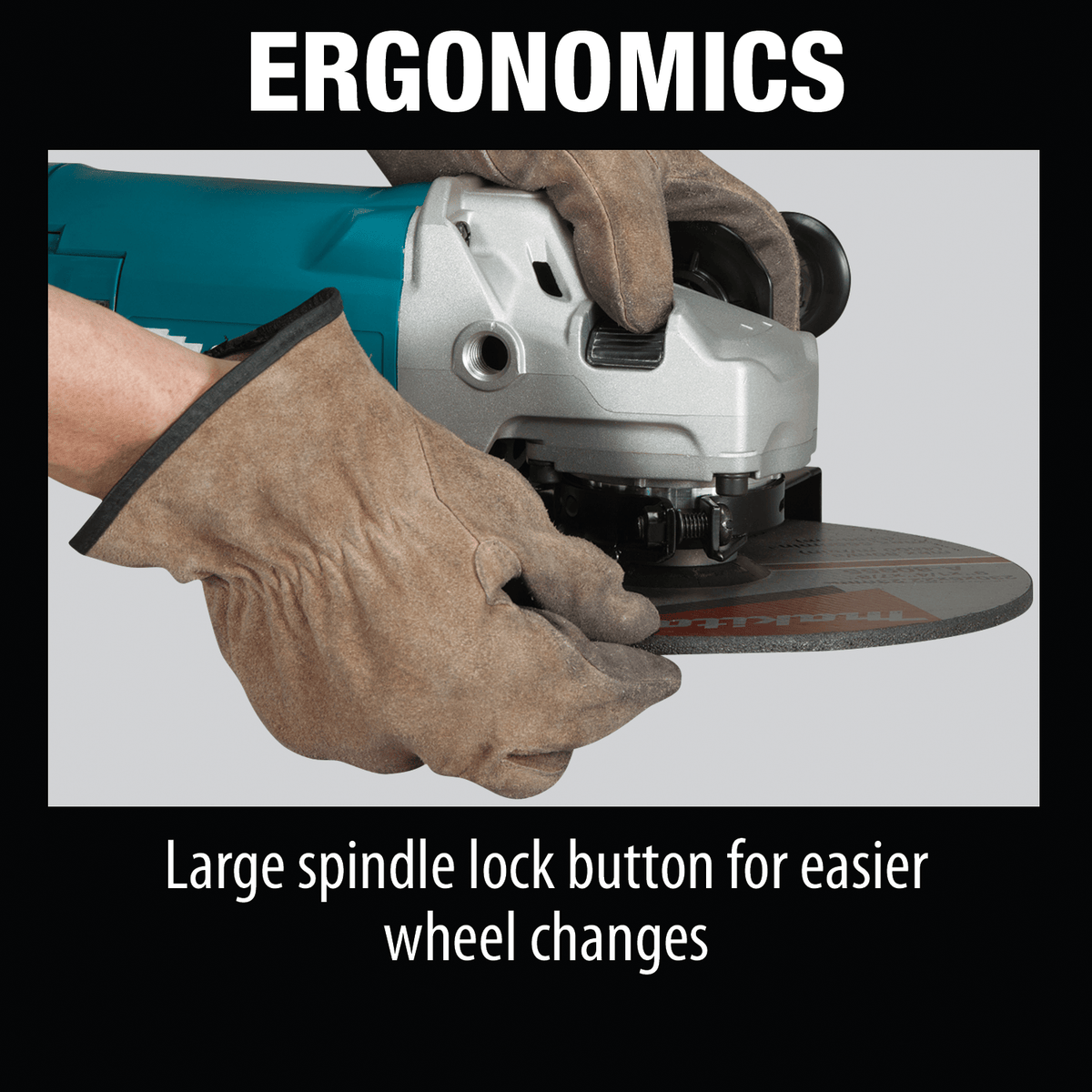 Ergonomics callout demonstrating a gloved hand engaging the large top-mounted spindle lock button for rapid 9-inch grinding wheel changes.
