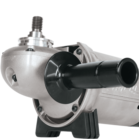 Close-up of the Makita GA7911 threaded spindle and adjustable side handle for secure surface sanding control.