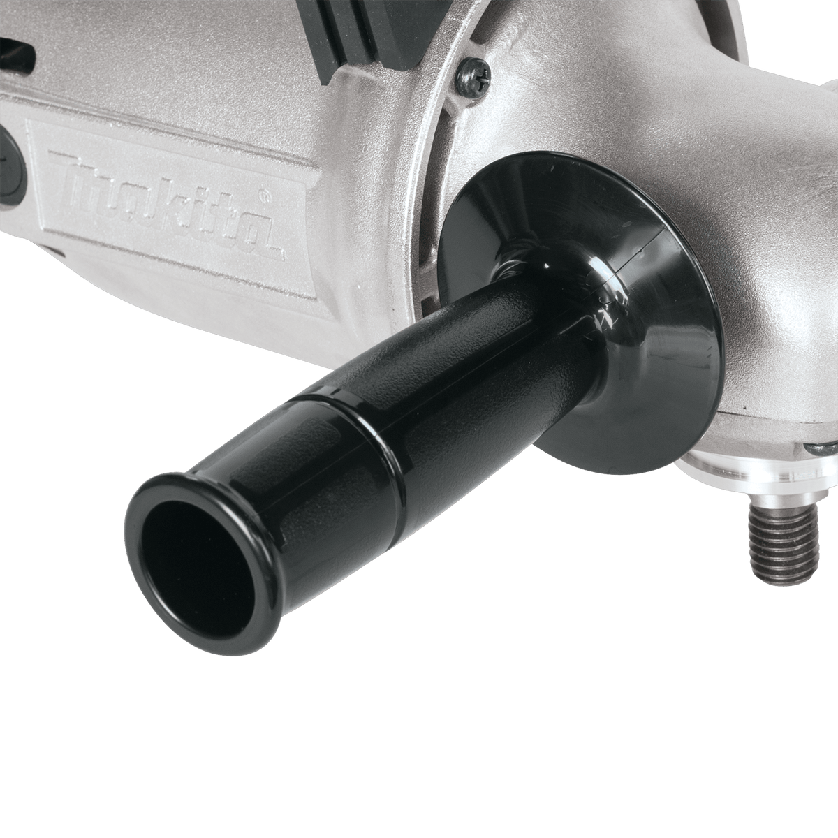 Detailed view of the Makita GA7911 adjustable side handle mounted securely to the metal gear housing.