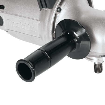 Detailed view of the Makita GA7911 adjustable side handle mounted securely to the metal gear housing.