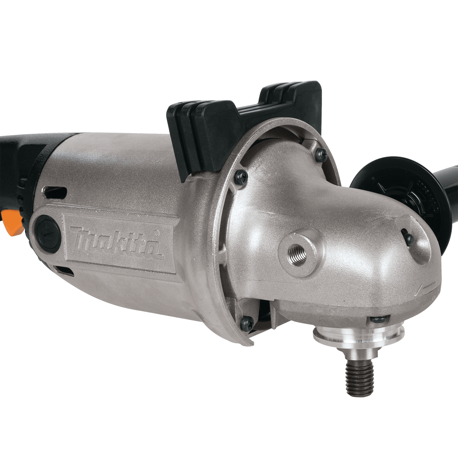 View of the Makita GA7911 heavy-duty metal housing and spindle designed for high-production industrial sanding.