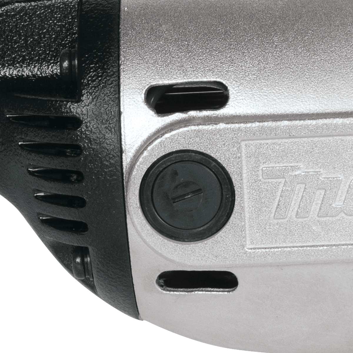 Close-up of the Makita GA7911 externally accessible carbon brush cap for fast routine tool serviceability.