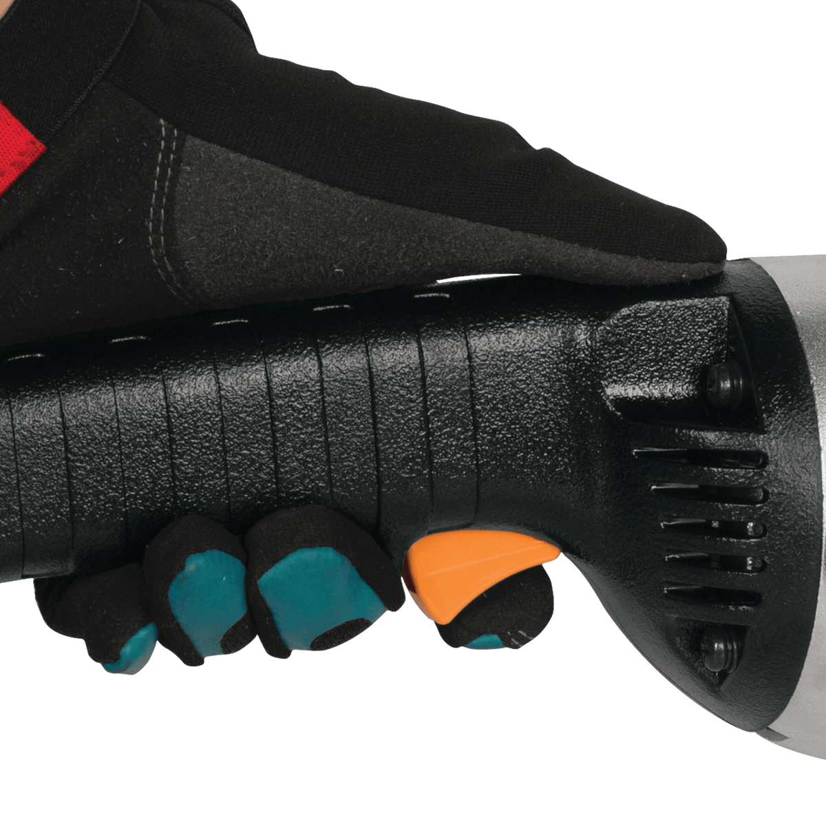 Operator hand engaging the Makita GA7911 lock-on trigger switch for continuous high-production sanding.