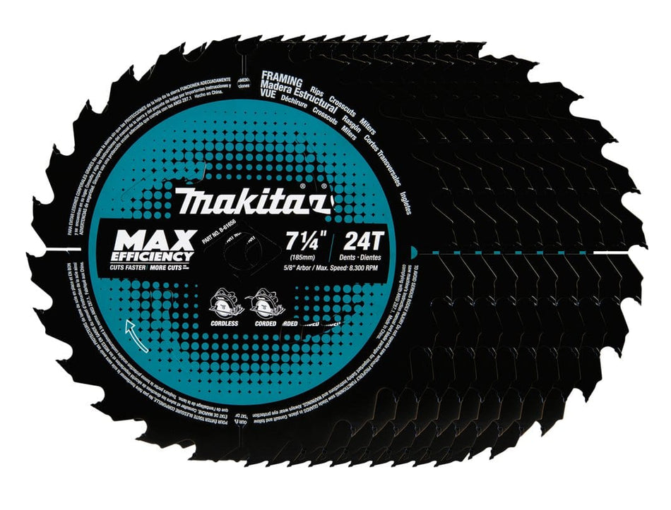 A fanned-out display of the Makita B-61656-10 circular saw blade 10-pack, showing the 7-1/4 inch 24-tooth design.