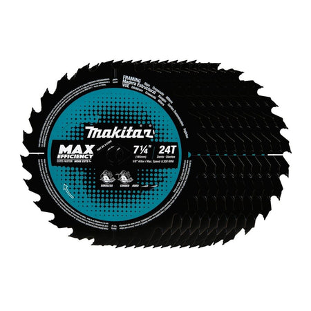 A fanned-out display of the Makita B-61656-10 circular saw blade 10-pack, showing the 7-1/4 inch 24-tooth design.