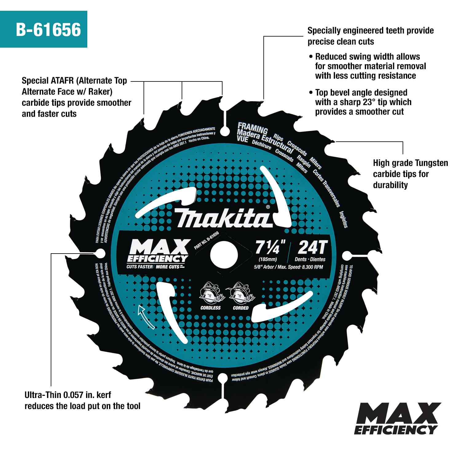 A feature callout diagram for the Makita B-61656 saw blade, pointing to its ATAFR carbide tips, ultra-thin kerf, and engineered teeth for clean cuts.