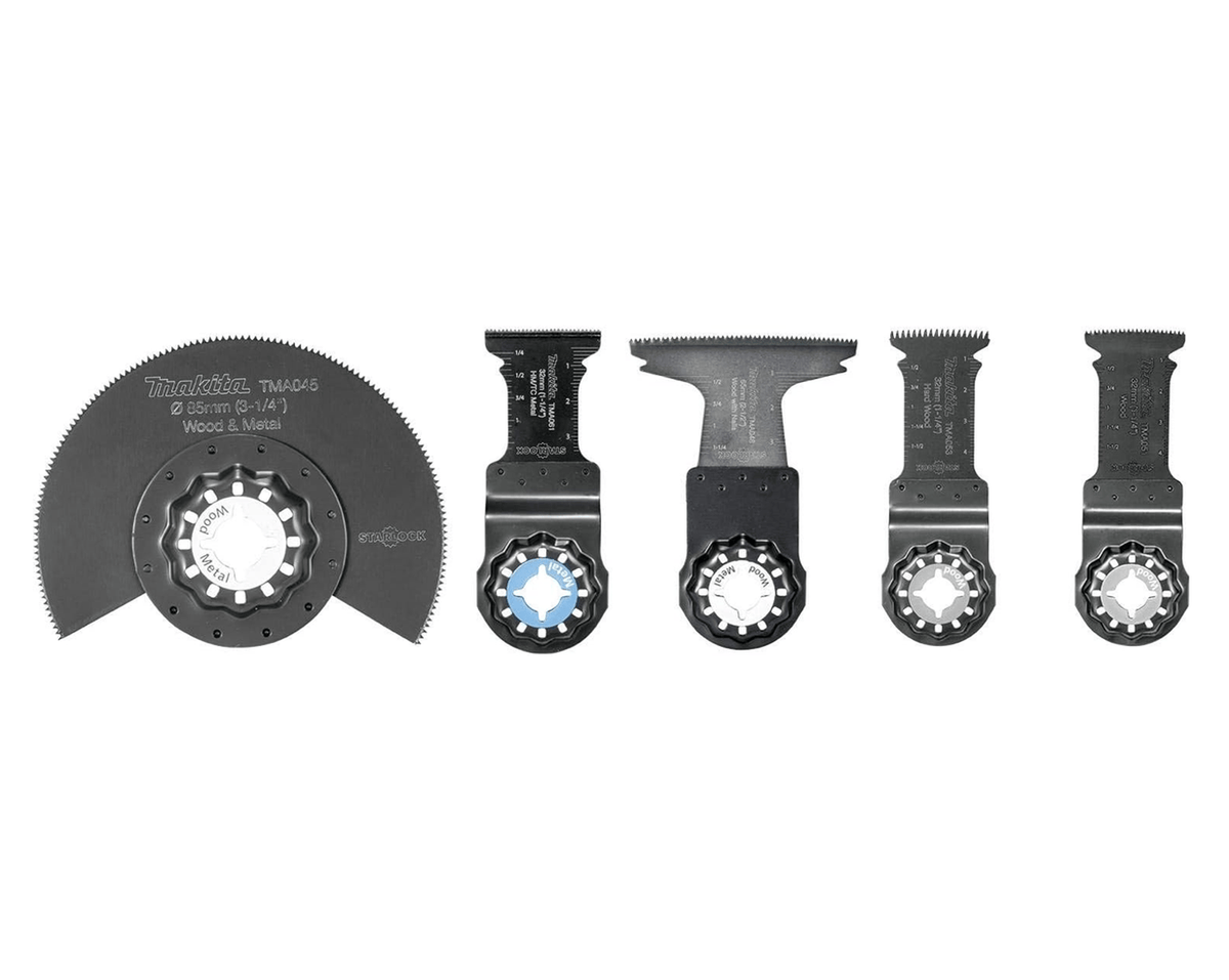 The five specialized blades included in the Makita B-67197 set, featuring a segmented all-purpose blade, curved plunge blades, and a carbide-tipped metal cutting blade with Starlock interfaces.
