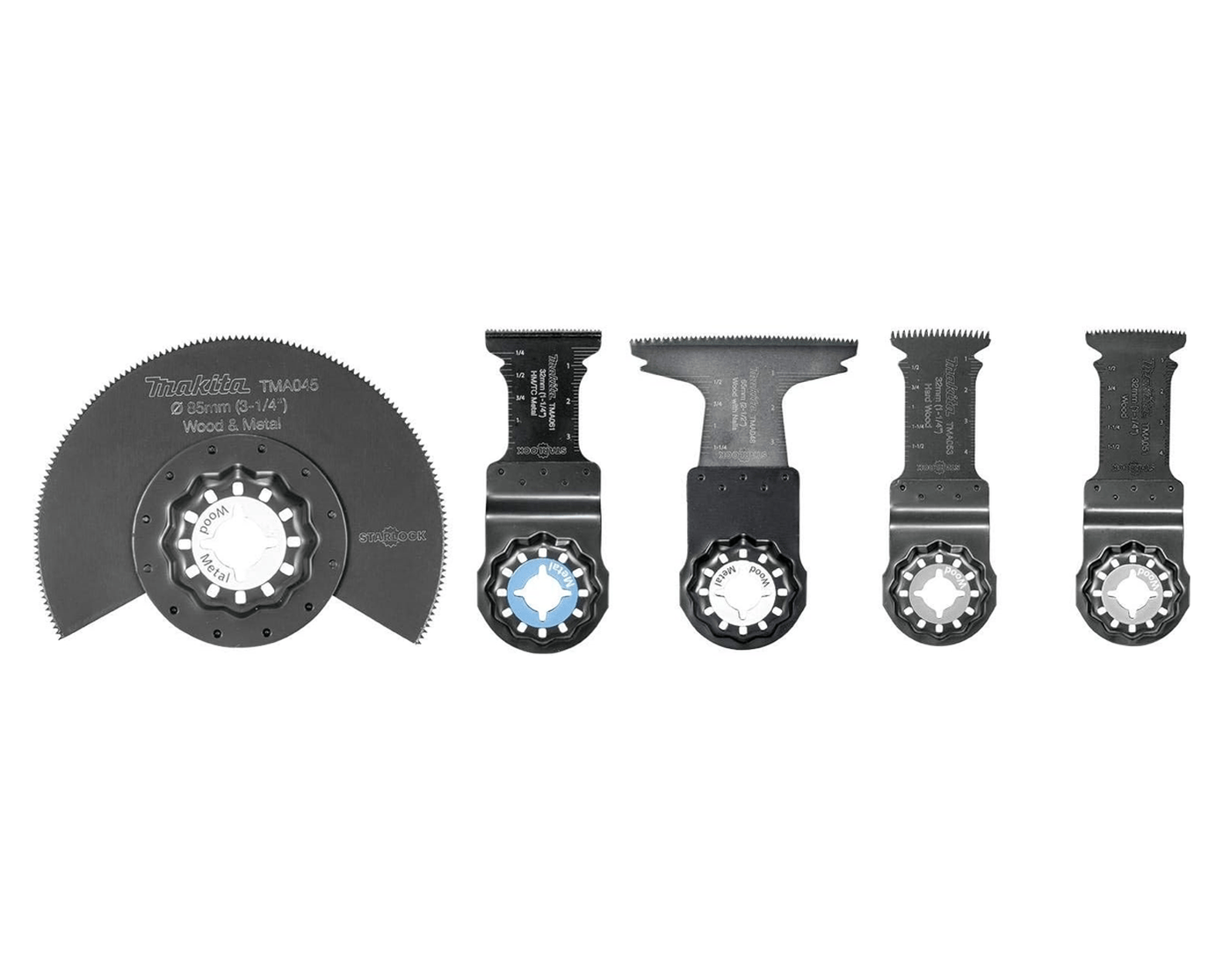 The five specialized blades included in the Makita B-67197 set, featuring a segmented all-purpose blade, curved plunge blades, and a carbide-tipped metal cutting blade with Starlock interfaces.