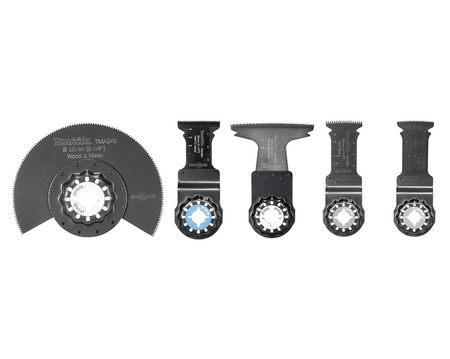 The five specialized blades included in the Makita B-67197 set, featuring a segmented all-purpose blade, curved plunge blades, and a carbide-tipped metal cutting blade with Starlock interfaces.