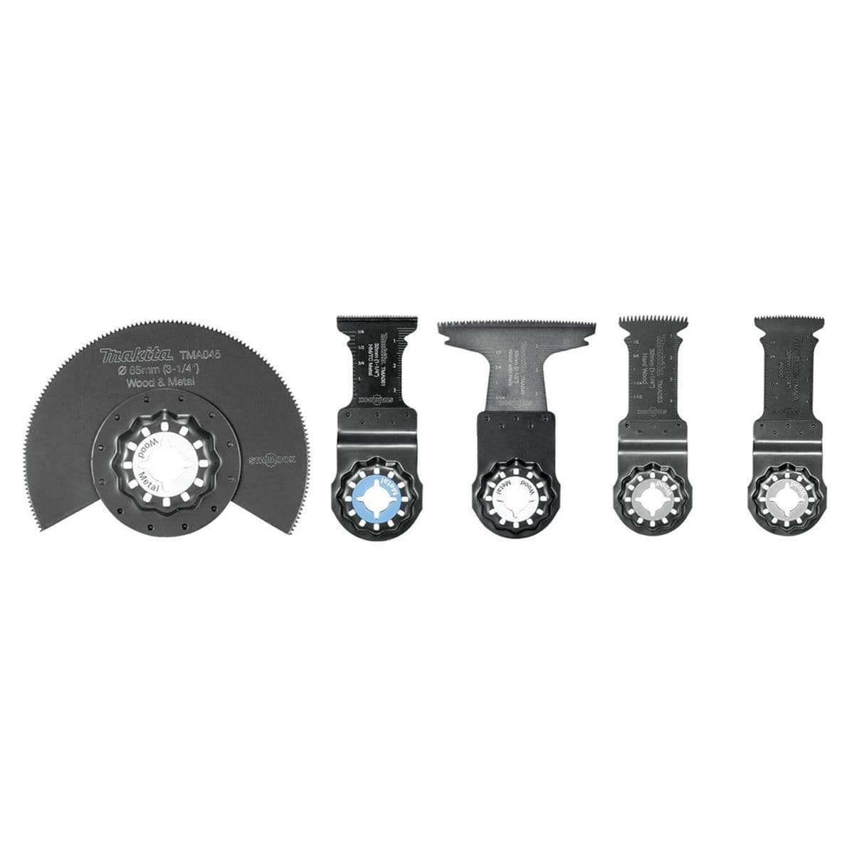 The five specialized blades included in the Makita B-67197 set, featuring a segmented all-purpose blade, curved plunge blades, and a carbide-tipped metal cutting blade with Starlock interfaces.