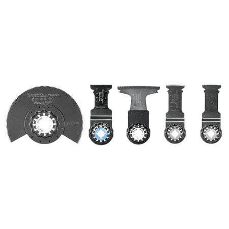 The five specialized blades included in the Makita B-67197 set, featuring a segmented all-purpose blade, curved plunge blades, and a carbide-tipped metal cutting blade with Starlock interfaces.