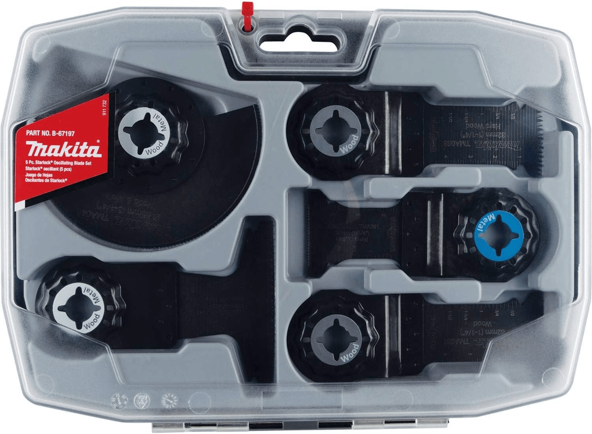 The Makita 5-piece Starlock oscillating blade set organized inside its clear-lid protective carrying case, highlighting the professional storage and easy identification of various cutting blades.
