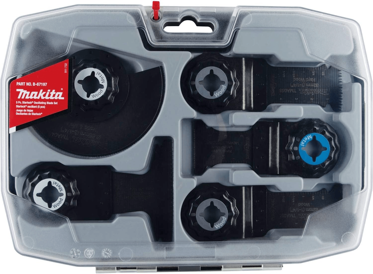 The Makita 5-piece Starlock oscillating blade set organized inside its clear-lid protective carrying case, highlighting the professional storage and easy identification of various cutting blades.