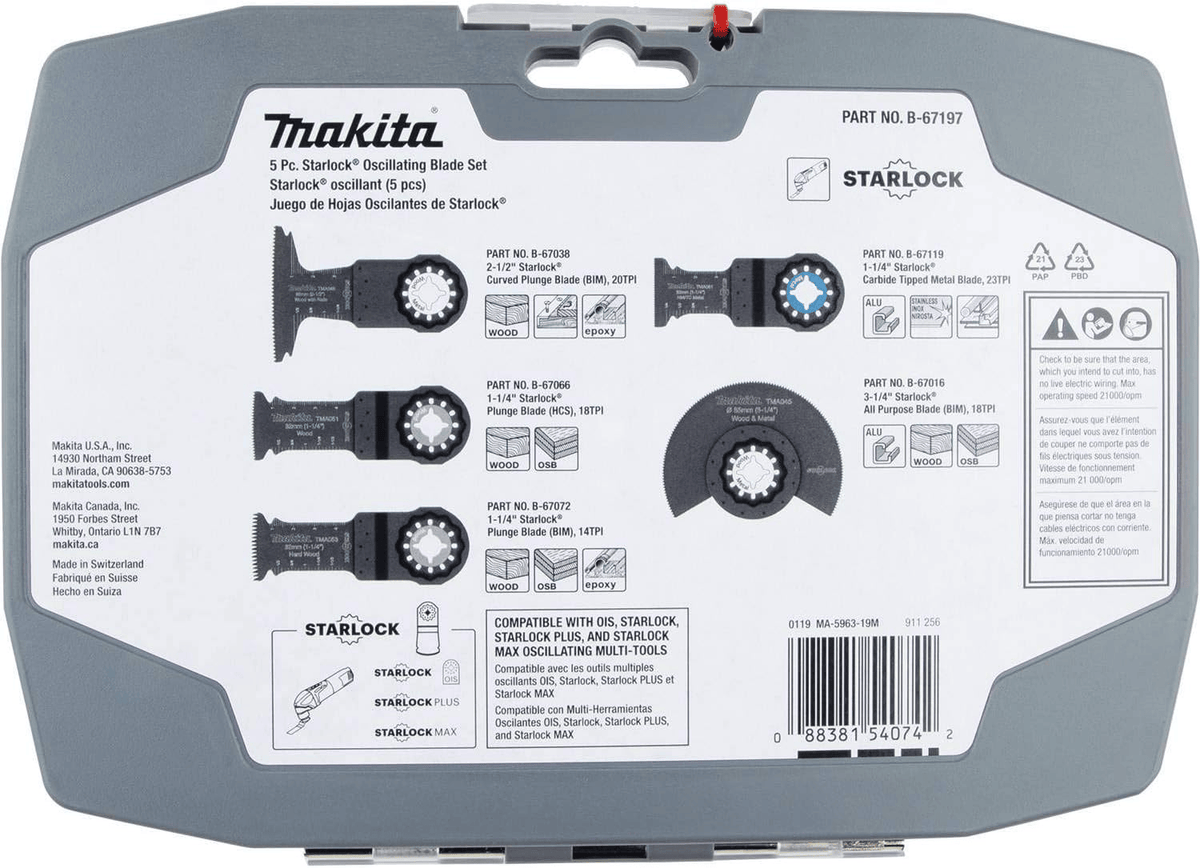 The back of the Makita B-67197 retail packaging detailing individual part numbers, material compatibility icons for wood and metal, and a compatibility guide for Starlock, Starlock Plus, and Starlock Max systems.