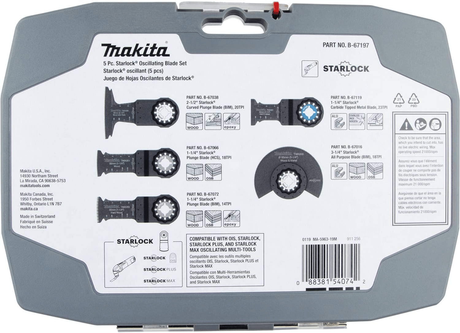 The back of the Makita B-67197 retail packaging detailing individual part numbers, material compatibility icons for wood and metal, and a compatibility guide for Starlock, Starlock Plus, and Starlock Max systems.