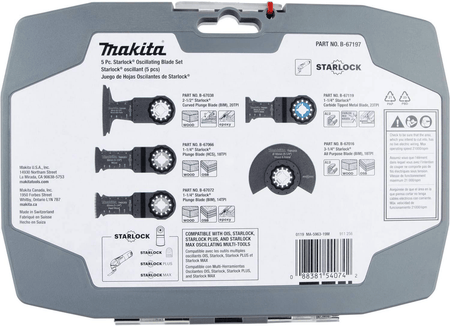 The back of the Makita B-67197 retail packaging detailing individual part numbers, material compatibility icons for wood and metal, and a compatibility guide for Starlock, Starlock Plus, and Starlock Max systems.