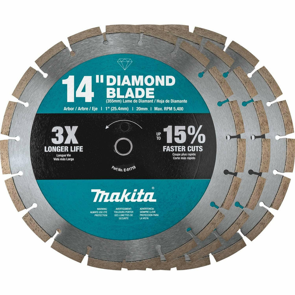 Makita B-69646 14" Segmented Diamond Blade 3-Pack for concrete, brick, and paver cutting with enhanced durability and speed
