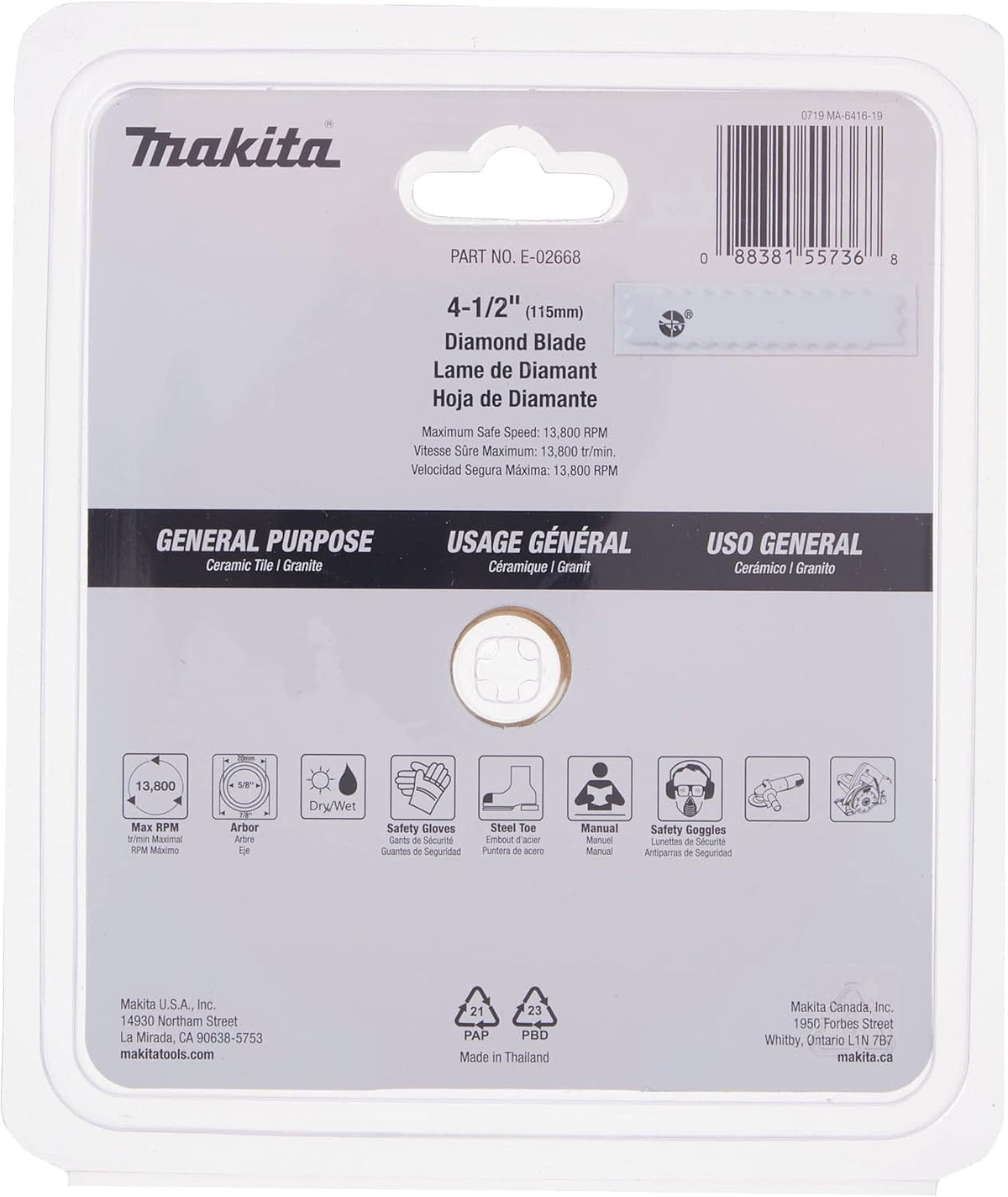 The back of the retail packaging for the Makita E-02668 diamond blade, showing technical specifications, arbor size options, and safety symbols for wet or dry cutting.