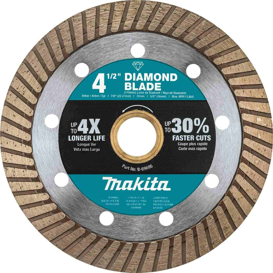 A studio product shot of the Makita B-69696 4-1/2 inch turbo rim diamond blade, featuring a teal and black center label highlighting 4x longer life, 30% faster cuts, and compatibility with 7/8-inch, 20mm, and 5/8-inch arbors.
