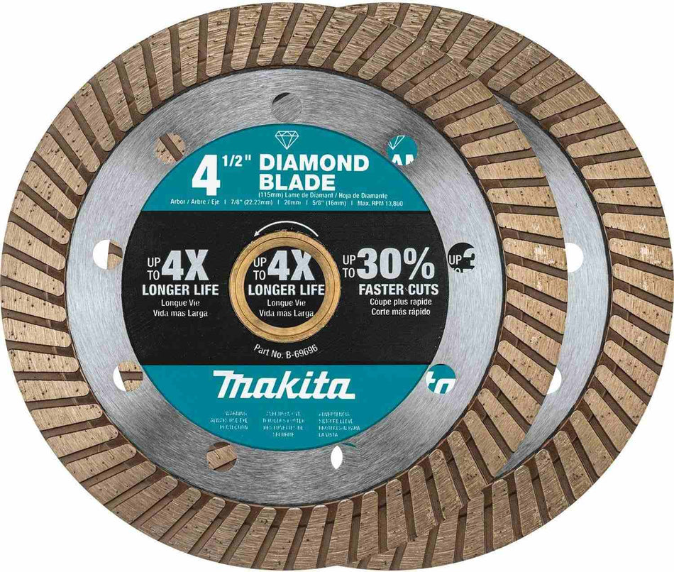 Close-up of two Makita B-69705 4-1/2 inch turbo rim diamond blades showcasing the continuous grooved edge engineered for up to 4x longer life and fast, smooth concrete cutting.