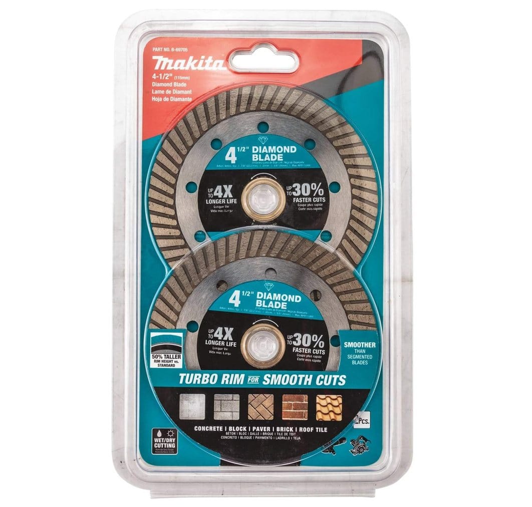 Front of the retail blister packaging for the Makita 4-1/2 inch turbo rim diamond blade 2-pack, highlighting its use for concrete, block, pavers, brick, and roof tiles in wet or dry cutting conditions.