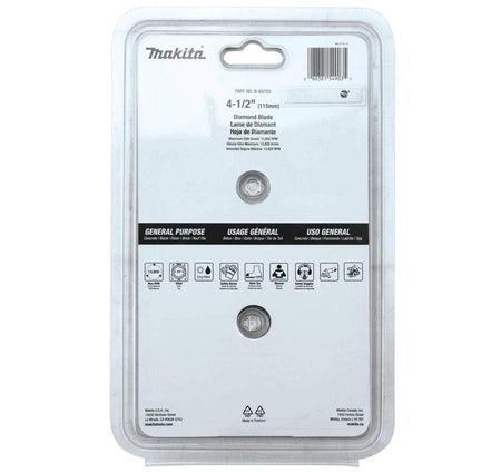Back of the Makita 4-1/2 inch diamond blade 2-pack packaging displaying safety icons, general purpose application details, and a maximum safe speed rating of 13,800 RPM for angle grinders.
