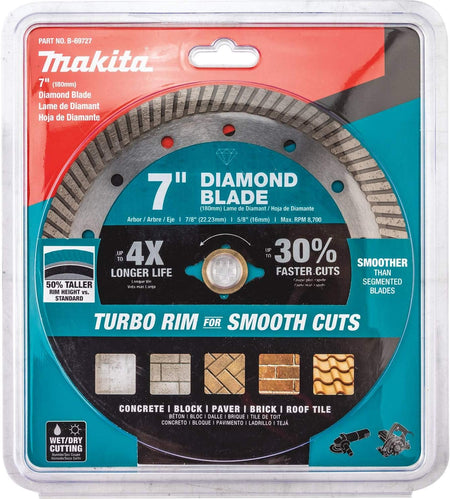 The image shows a product package for a 7-inch Makita diamond blade designed for smooth cuts in various materials like concrete, block, and brick. The packaging displays the circular blade with its segmented rim and provides information about its longer life and faster cutting capabilities, along with the Makita brand and product details.