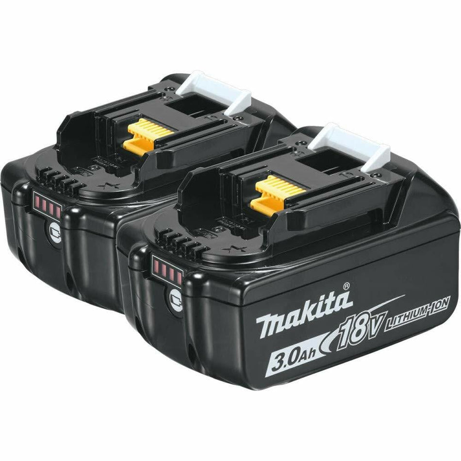 Two Makita 18V Lithium-Ion batteries, each 3.0Ah. Black casing with LED charge indicators and yellow/white connector ports. Designed for cordless tool compatibility and fast charging.