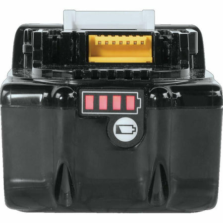 Rechargeable power tool battery with yellow connector and four-bar LED charge indicator. Black casing with battery symbol and plug icon. Compatible with Makita cordless tools.