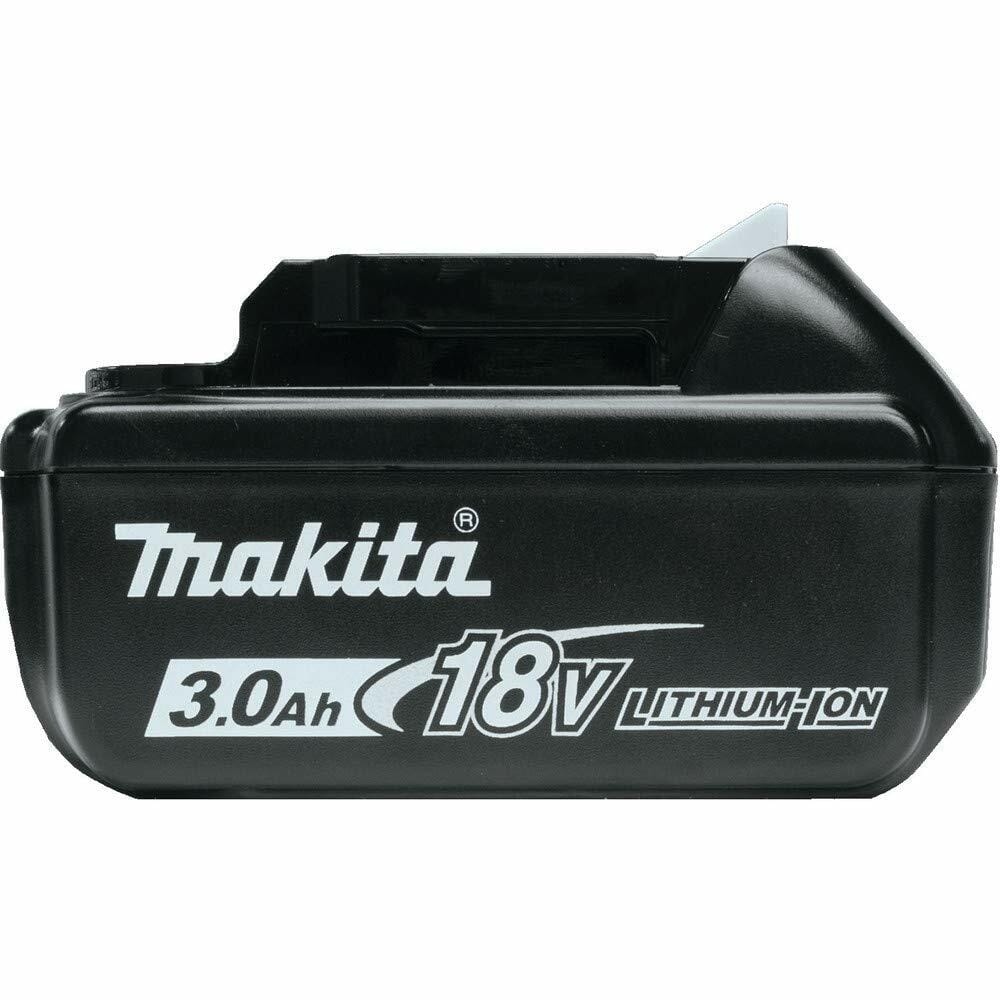 Makita 3.0Ah 18V Lithium-Ion battery with white release button and printed branding. Compact design for cordless tool use.
