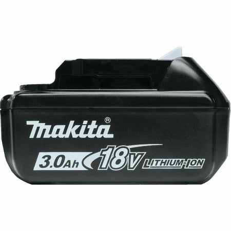 Makita 3.0Ah 18V Lithium-Ion battery with white release button and printed branding. Compact design for cordless tool use.