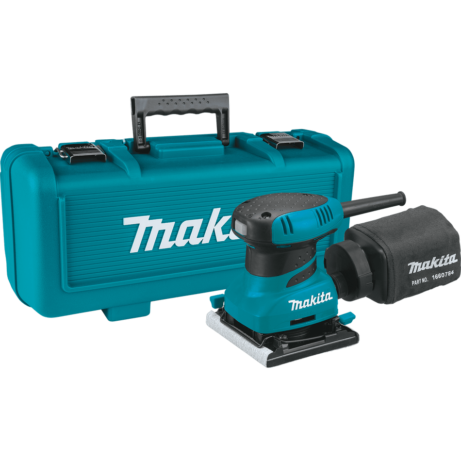 Isolated profile view of the Makita BO4556K 1/4 sheet finishing sander featuring a teal industrial body, a contoured rubberized palm grip, and a specialized through-the-pad dust collection port.