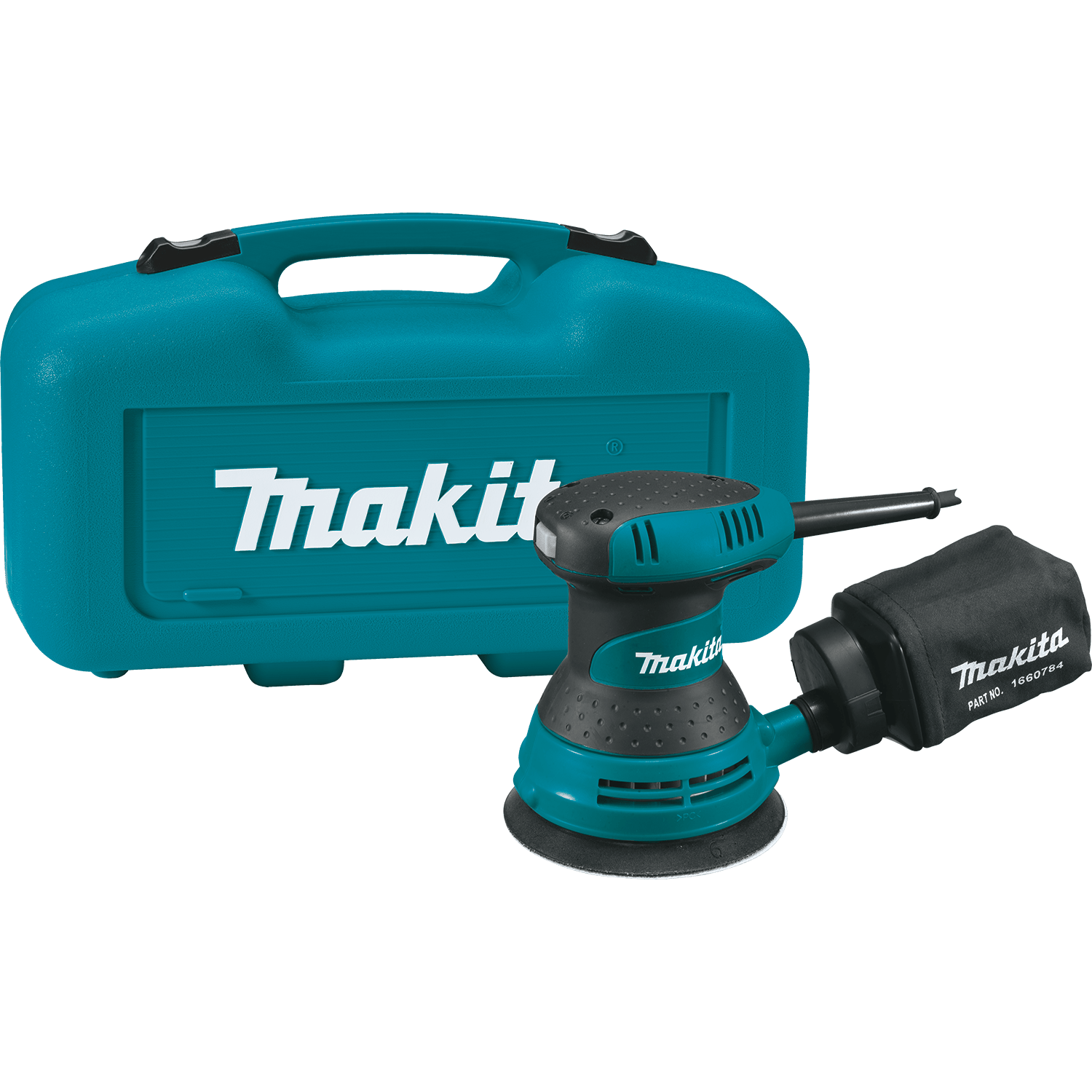 Isolated side view of the Makita BO5030K 5-inch random orbit sander featuring a teal industrial body, a contoured rubberized palm grip, and a specialized through-the-pad dust collection port.