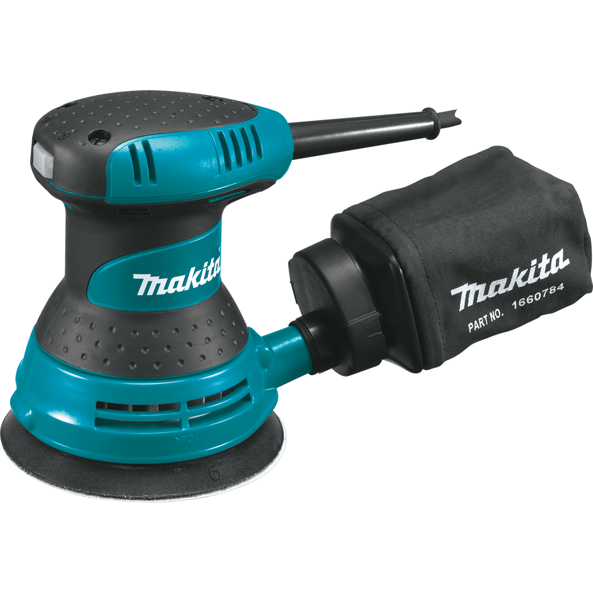 Isolated front profile of the Makita 3 AMP random orbit sander highlighting the ergonomic top handle and the durable hook-and-loop sanding pad designed for 5-inch 8-hole abrasive discs.