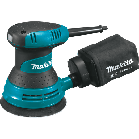 Isolated front profile of the Makita 3 AMP random orbit sander highlighting the ergonomic top handle and the durable hook-and-loop sanding pad designed for 5-inch 8-hole abrasive discs.