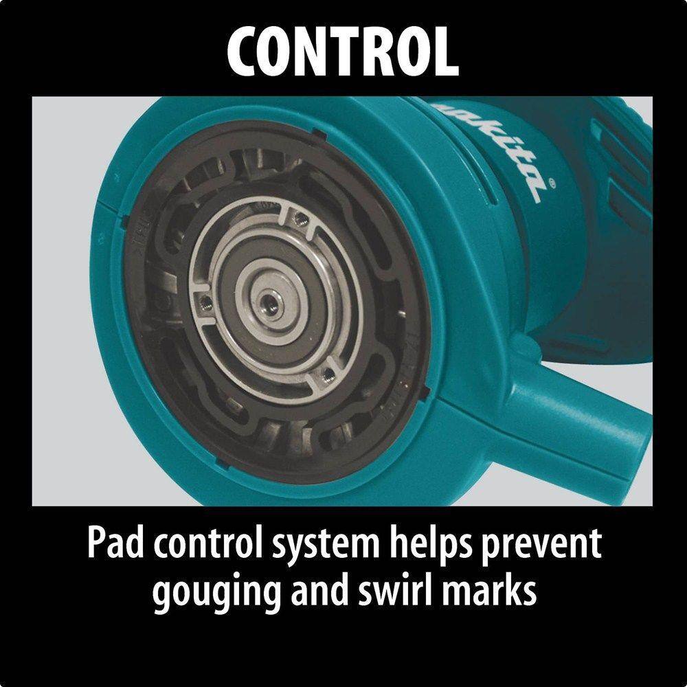Close-up of a blue Makita tool with text explaining its pad control system.