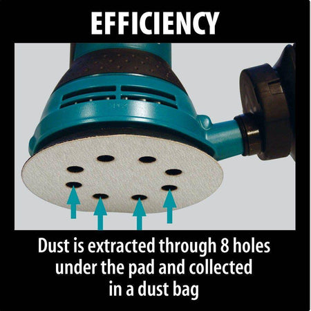 Sander with dust extraction system labeled 'Efficiency' on a gray background