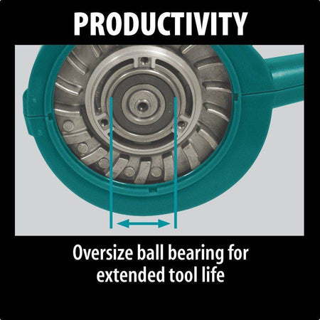 Close-up of a tool with an oversized ball bearing labeled for extended tool life, on a light gray background.