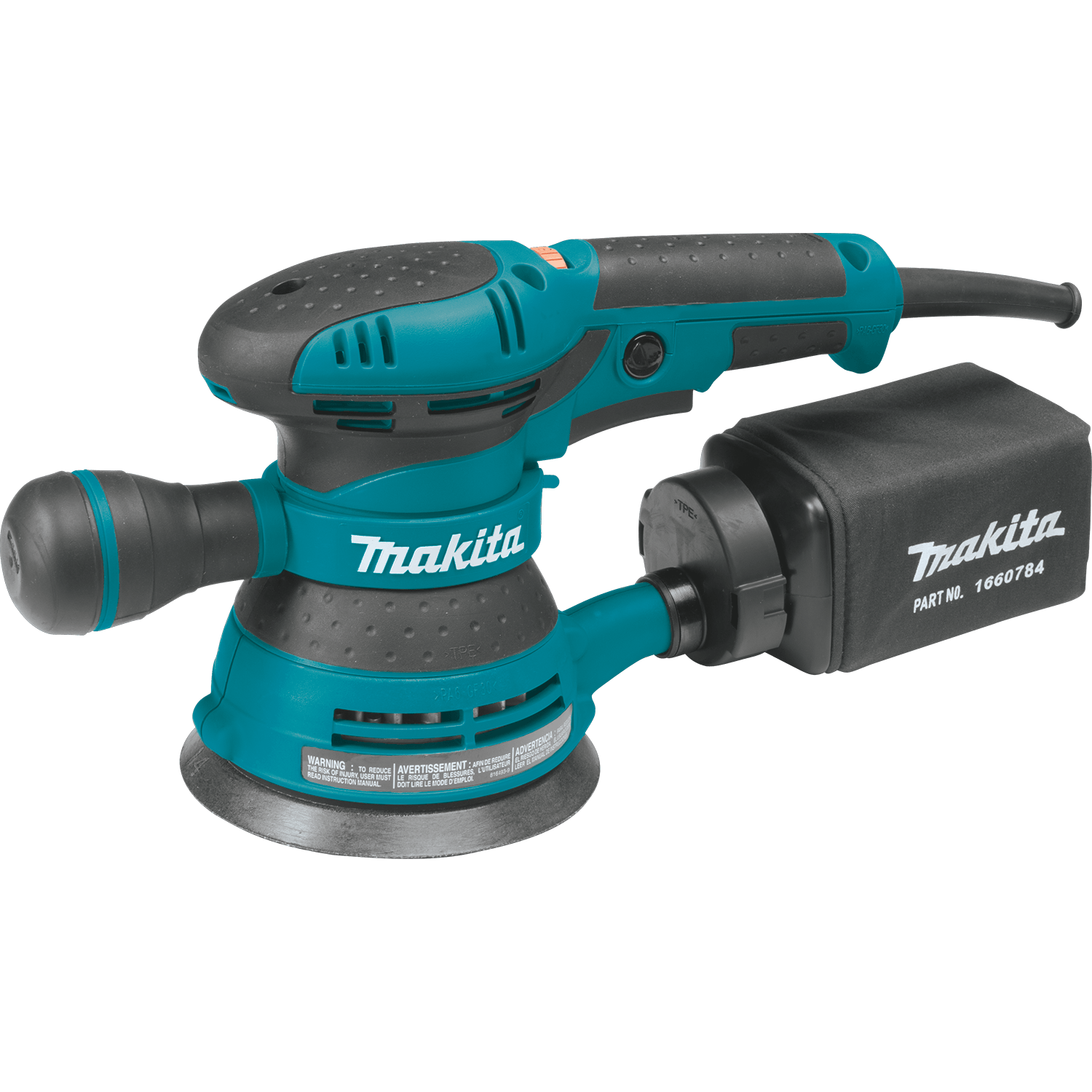 Isolated profile view of the Makita BO5041 5-inch variable speed random orbit sander featuring the innovative adjustable front handle, teal industrial body, and high-capacity fabric dust collection bag.