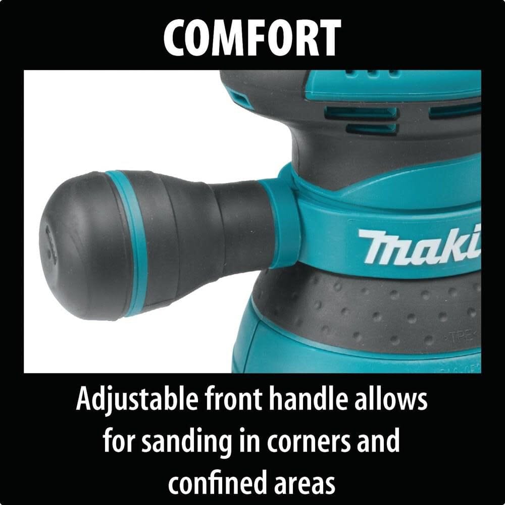 Comfort infographic highlighting the rotating adjustable front handle on the Makita wood sander, designed to allow for superior control and precision when sanding in tight corners and confined areas.