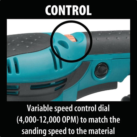 Control infographic showcasing the integrated electronic variable speed control dial, allowing the operator to adjust the tool between 4,000 and 12,000 OPM to perfectly match the sanding speed to the material.