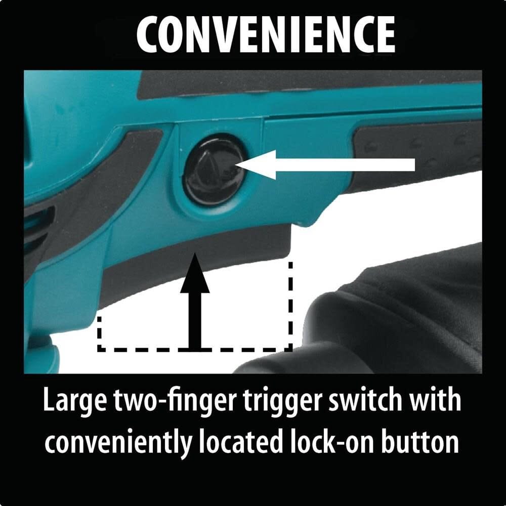 Convenience infographic detailing the large two-finger trigger switch and the strategically located lock-on button for continuous operation and reduced hand fatigue during long woodworking sessions.