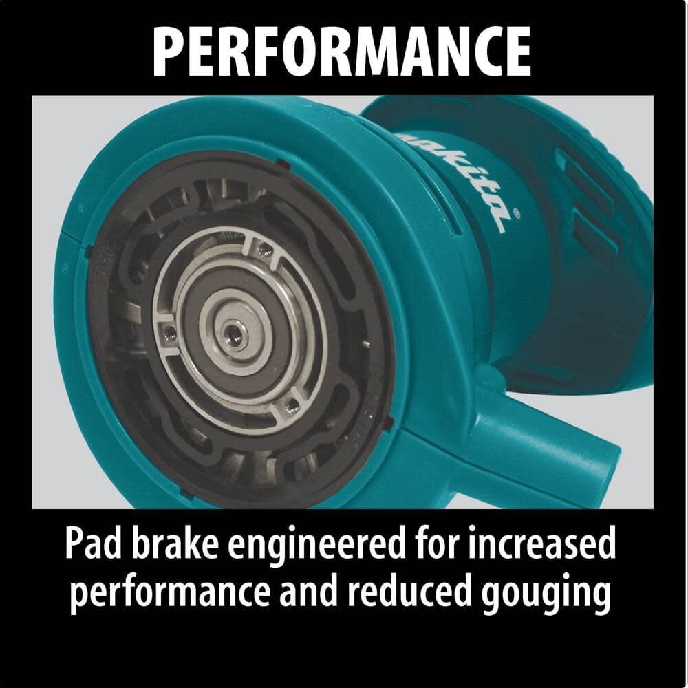 Performance infographic displaying the internal pad brake system of the Makita orbital sander, engineered to increase productivity and prevent surface gouging for a swirl-free mirror finish.