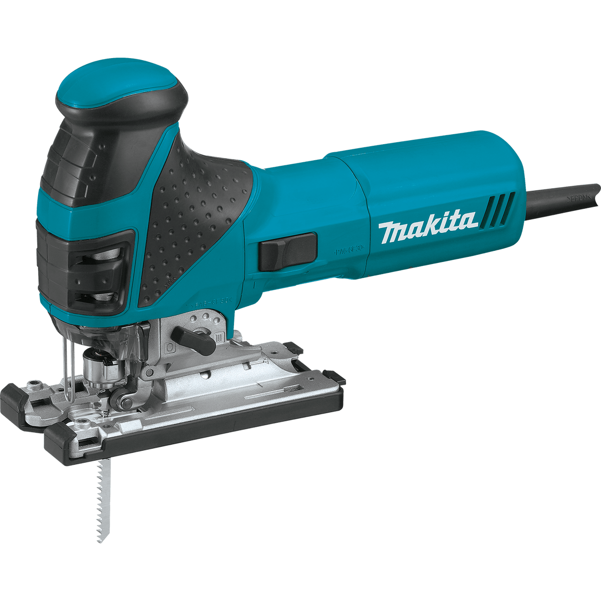 Makita 4351FCT 6.3 Amp corded barrel grip jig saw featuring a die-cast aluminum base and rubberized handle for low-vibration scroll cutting.
