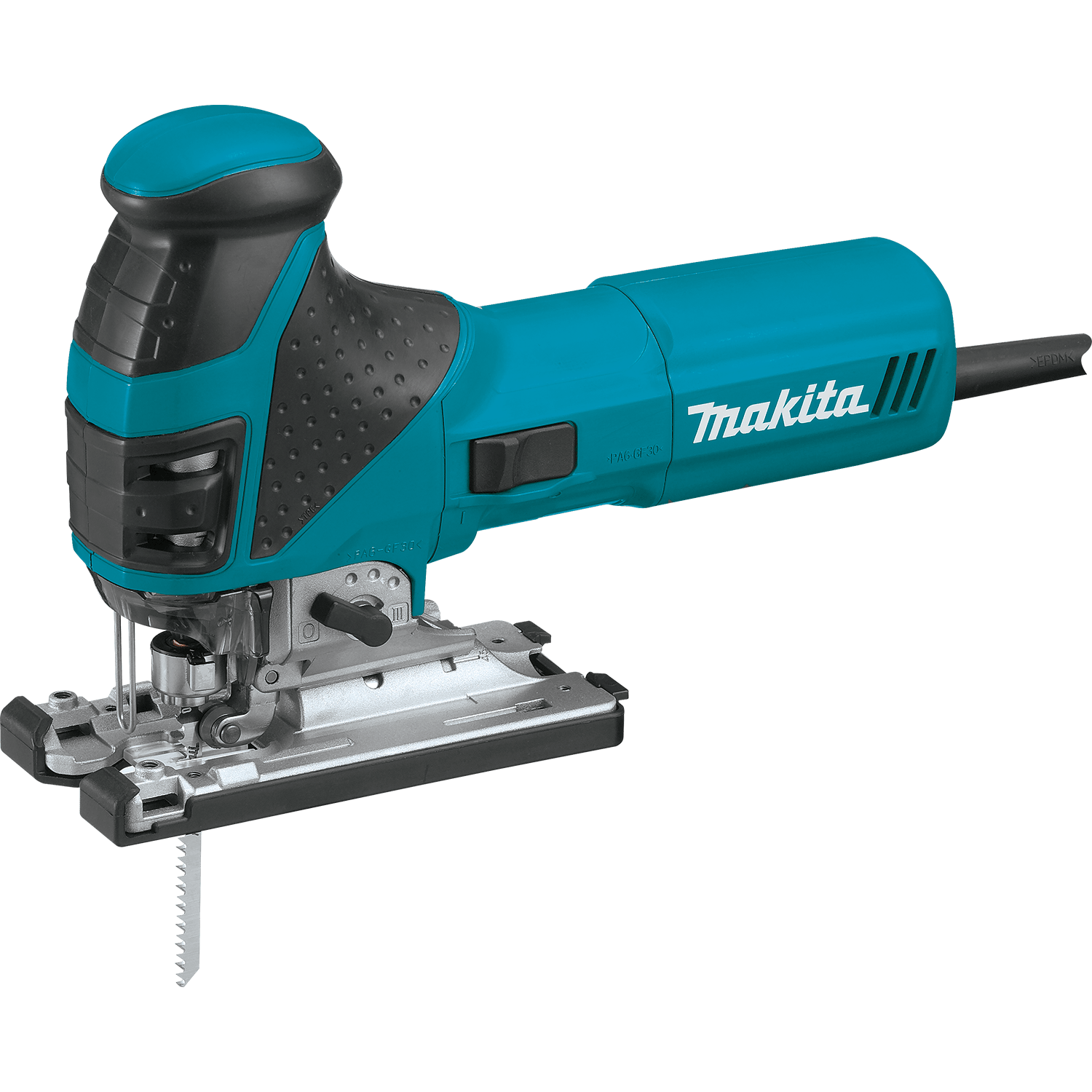Makita 4351FCT 6.3 Amp corded barrel grip jig saw featuring a die-cast aluminum base and rubberized handle for low-vibration scroll cutting.