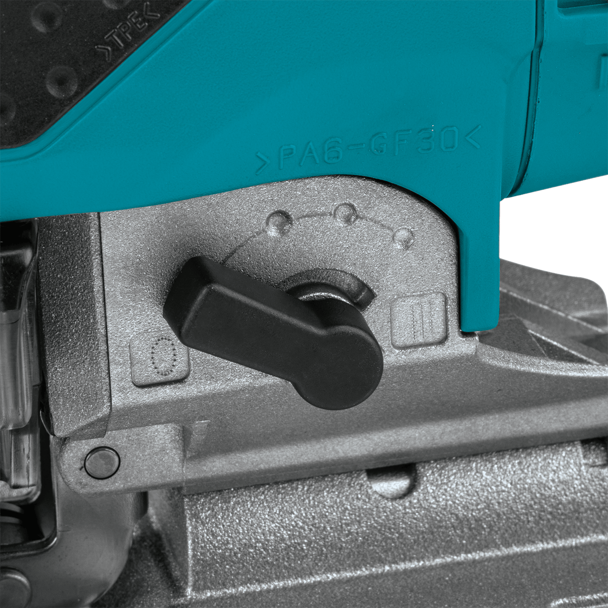 Close-up of the cast aluminum orbital stroke adjustment lever on the Makita 4351FCT jig saw body set for aggressive material removal.