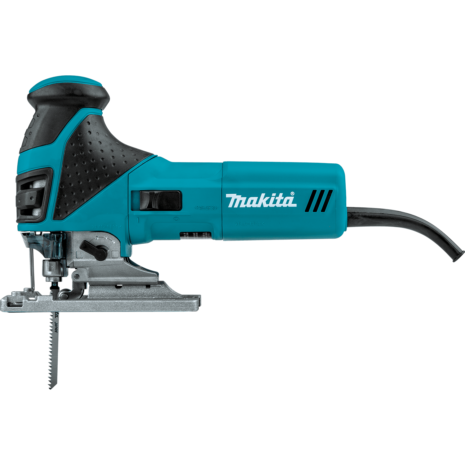 Side profile view of the Makita 4351FCT barrel grip jig saw highlighting the 1-inch stroke length and tool-less T-shank blade clamp assembly.