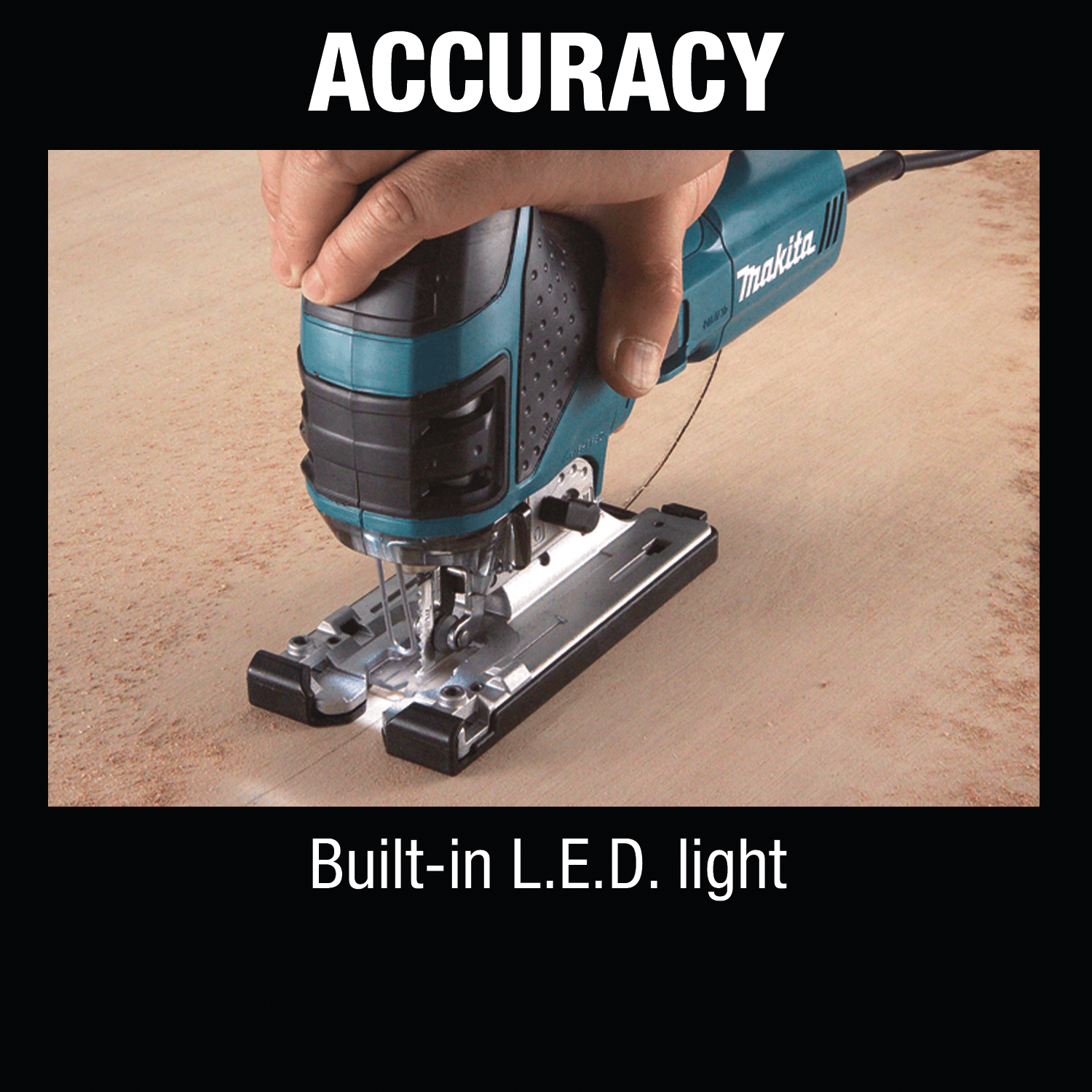Built-in LED work light illuminating the cut line on the Makita 4351FCT barrel grip jig saw during wood scribing for enhanced accuracy.