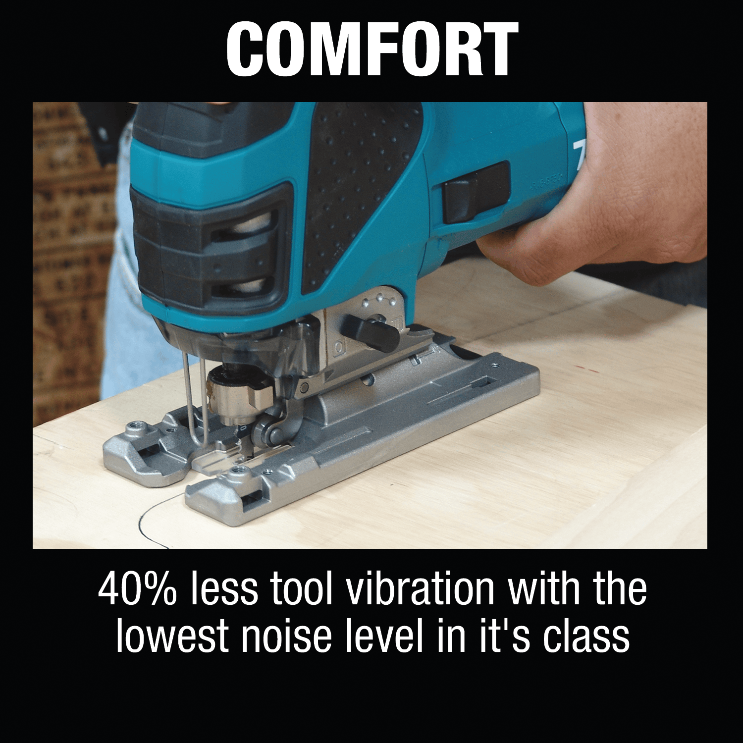 Operator guiding the low-vibration Makita 4351FCT barrel grip jig saw smoothly along a wood curve line to demonstrate cutting control.